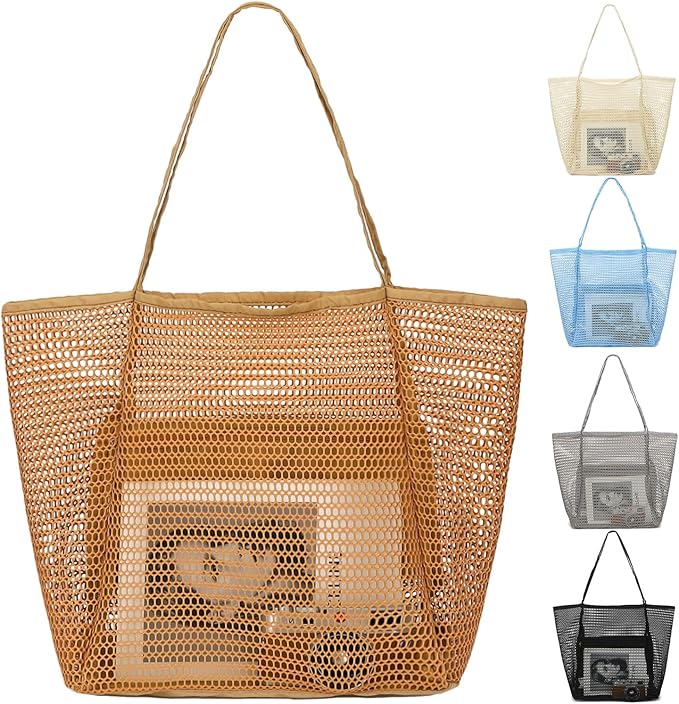 Mesh Beach Bag, Large Beach Tote with Zipper Pocket, Toys Pool Bag for Family Travel Vacation Cruise Essentials