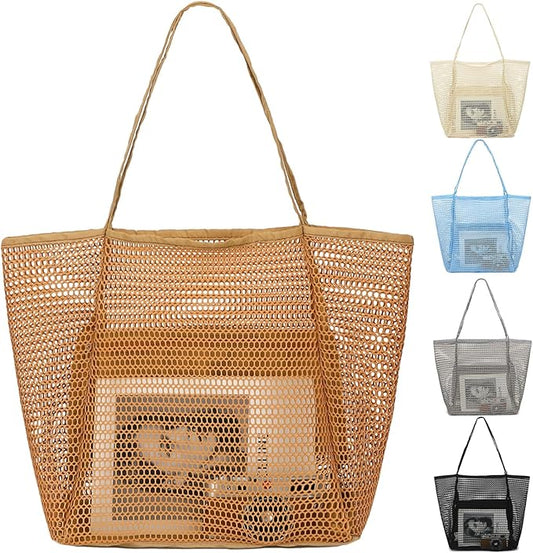 Mesh Beach Bag, Large Beach Tote with Zipper Pocket, Toys Pool Bag for Family Travel Vacation Cruise Essentials