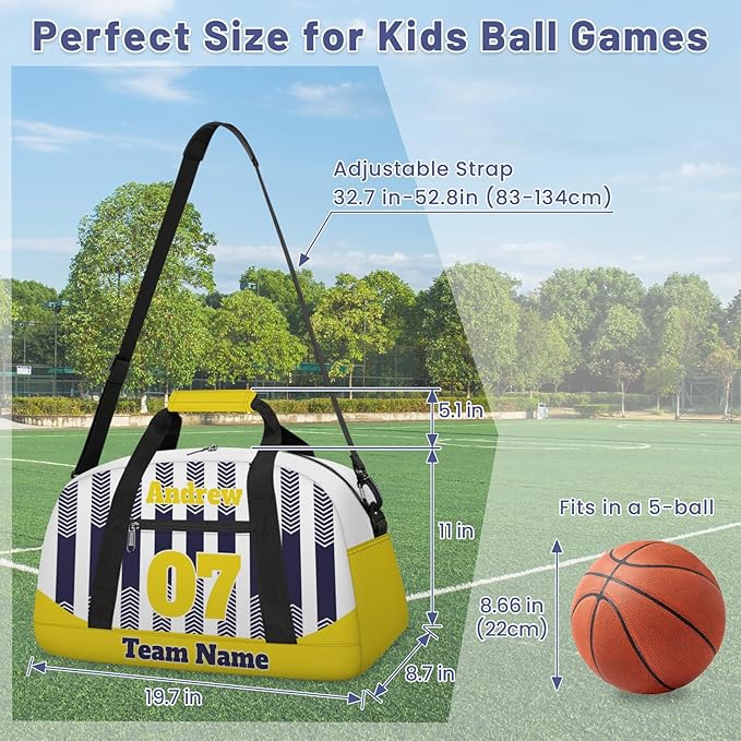 Basketball Soccer Gifts for Boys Girls - Custom Sports Duffle Bag, Personalized Name & Team Bag, Water-Resistant Gym Bag for Basketball, Soccer, Volleyball | Y-Navy Yellow