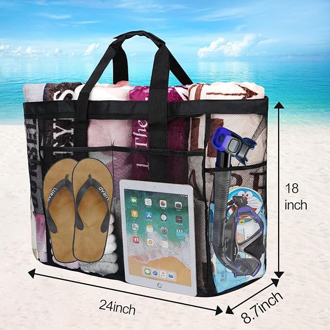 Mesh Beach Bags for Women - Family Beach Tote Bag for Toys, Towels, Travel Vacation Cruise Essentials