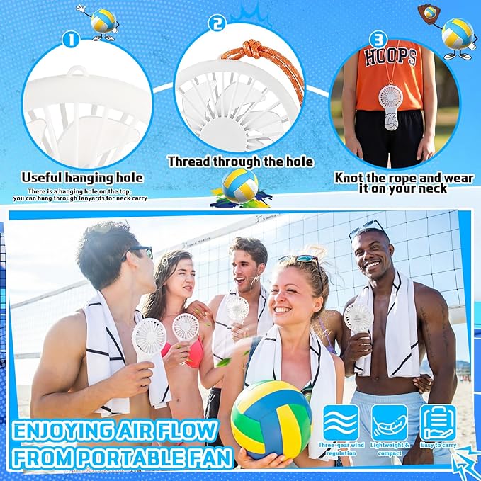 Woanger 24 Pcs Volleyball Cooling Towels and Fans Sets Mini Handheld Fans Bulk 3 Speeds USB Lash Towel for Sporting Volleyball Gifts for Team Games Party Favor