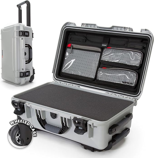 NANUK 935 Hard Case with Cubed Foam and Lid Organizer – Waterproof Protective Equipment Case with Wheels, 22” x 14” x 9” – Dustproof, Airline Carry-On Approved – Silver