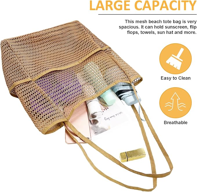 Mesh Beach Tote Bags for Women Sandproof Large Shoulder Pool Swimming Bag Summer Vacation Essentials Inner Pocket