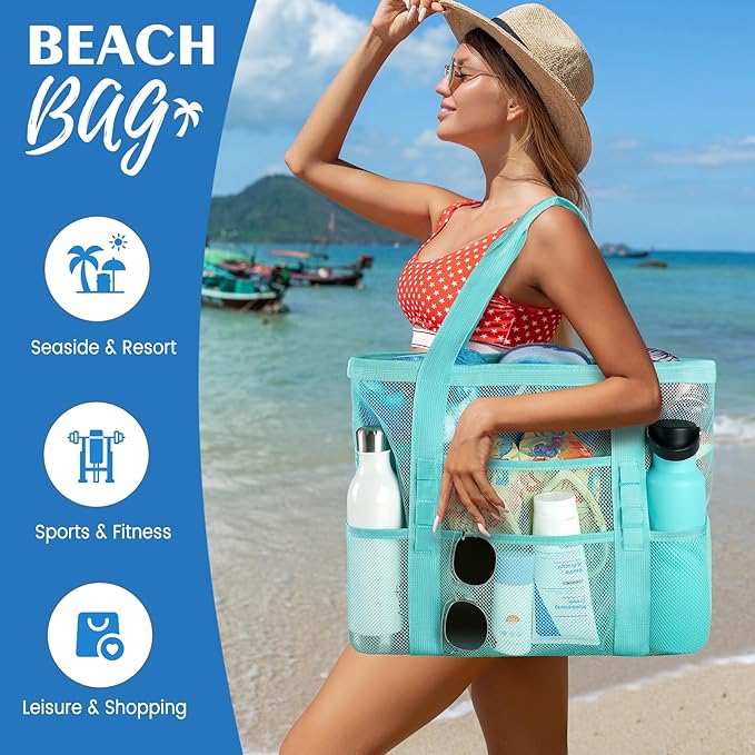Beach Bag - Mesh Beach Bag Large 8 Pockets, Beach Tote Bag Beach Essentials for Vacation Must Haves