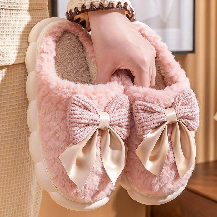 Cute Bow Slippers for Women, Womens Fuzzy Fluffy Cozy Indoor Outdoor House Slippers