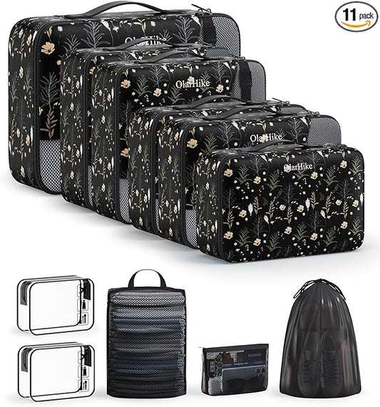 11 Set Packing Cubes for Travel, Gifts for Women Mom Kids, TSA Approved Bags for Makeup, Cosmetic, Toiletry, Suitcase Organizers for Checked Luggage,Cruise Essentials,Airplane Accessories,Black Floral