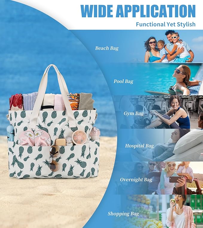 Beach Bags for Women, Large Waterproof Sandproof Swim Pool Bag with Dry Wet Seperated Pocket Utility Tote Bag