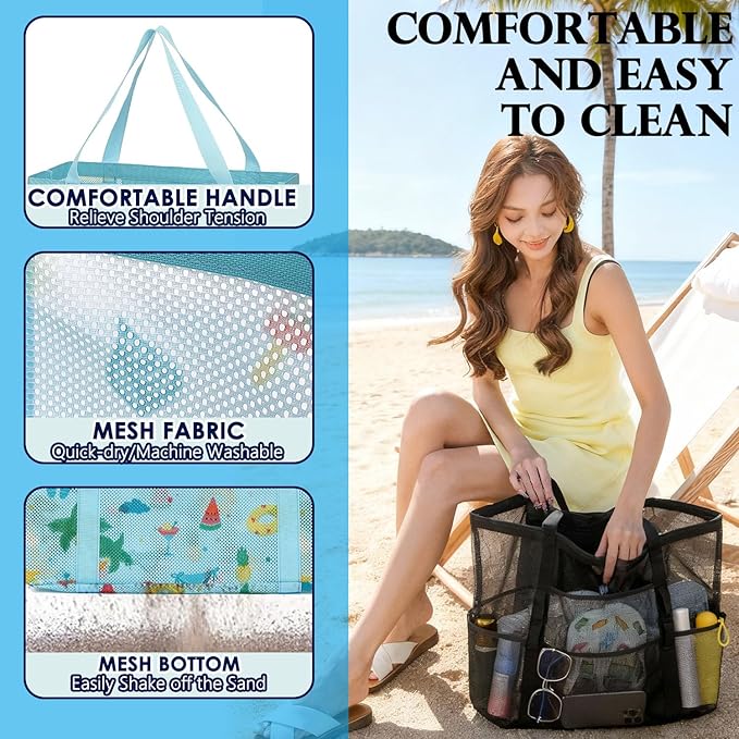 Mesh Beach Bag, Large Beach Tote with Zipper Pocket, Toys Pool Bag for Family Travel Vacation Cruise Essentials