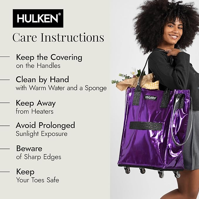 HULKEN - (Medium, Ultraviolet) Reusable Grocery Bag On Wheels, Shopping Trolley, Rolling Tote, Zipper Closure, Lightweight, Carries Up to 66 lb, Folds Flat, Unbreakable Handles