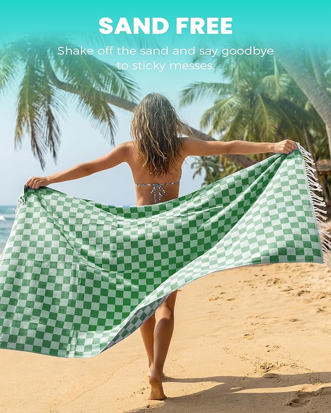 Checkered Plaid Cotton Turkish Beach Towels Sandproof Quick Dry Thin Over Size 40 x 72 Toallas de Playa Organic Blanket Mat Cruise Essentials Summer Vacation Accessories Travel Must Haves Gear Items