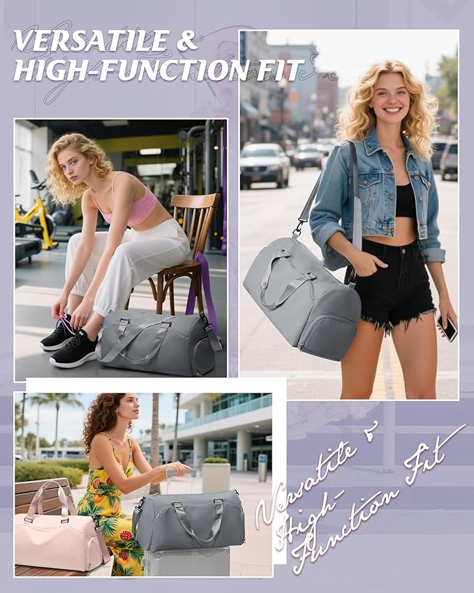 Gym Bag for Women with Shoe Compartment Lightweight Travel Duffle Bags Carry on Bag Overnight Weekender Duffel Bag with Wet Pocket Personal Item Travel Bag Tote Bag Workout Dance Bag Grey