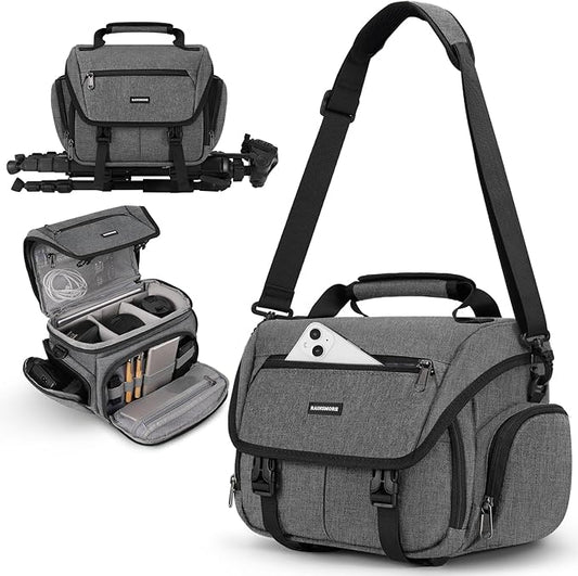 RAINSMORE Camera Bag, DSLR/SLR/Mirrorless Camera Sling Bag for Photographers Waterproof Small Camera Case with Tripod Holder & Rain Cover Camera Crossbody Bag for Canon/Nikon/Sony/Fuji, Grey
