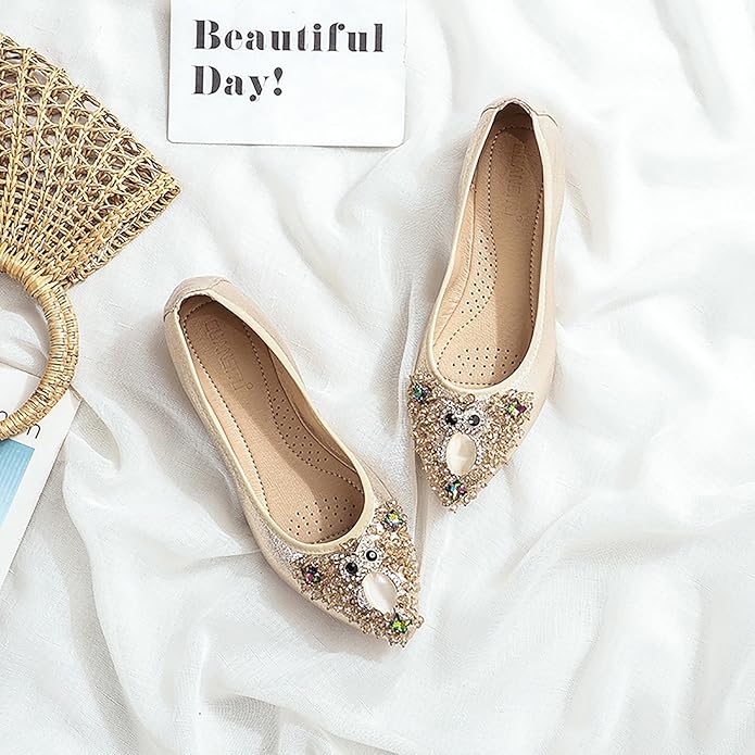 Women Ballet Flats Sparkly Rhinestone Wedding Ballerina Shoes Pointed Toe Foldable Comfort Slip on Flat Dress Shoes