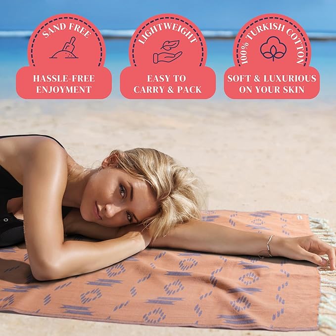 100% Cotton Turkish Beach Towels Oversized Sandproof - Quick Dry Travel Beach Towel for Adults (69 x 37 inch) - Cloud, Sandless, Fast Drying, Lightweight Beach Gifts for Women & Men - Blanket, Wrap