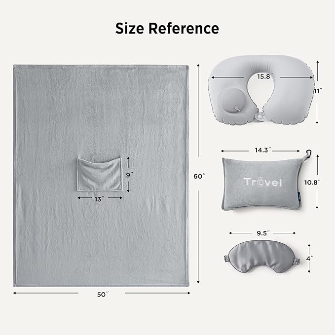 Bedsure Travel Blanket and Pillow Set with Inflatable Neck Pillows, Eye Mask and Storage Bag, Lightweight 3-in-1 Airplane Packable Blanket, Compact Travel Essentials, Grey