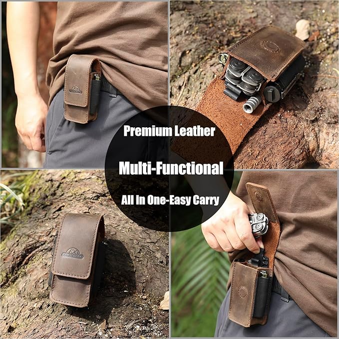 Topstache Multitool Sheath for Men - Belt Leather Multitool Holster - EDC Belt Organizer for Leatherman, Gerber - Magnetic Closure Multitool Pouch Fits Folding Tool, Darkbrown