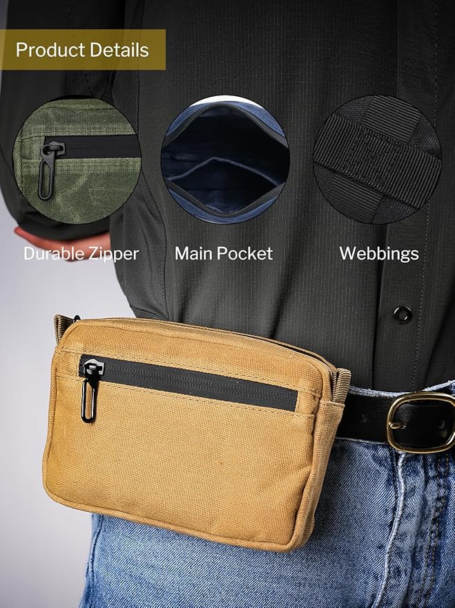 Sayram SP7 EDC Belt Pouch - Waxed Canvas With Zipper, Waist Pack for Men, Anti-Theft Pickpocket Organizer for Daily Use