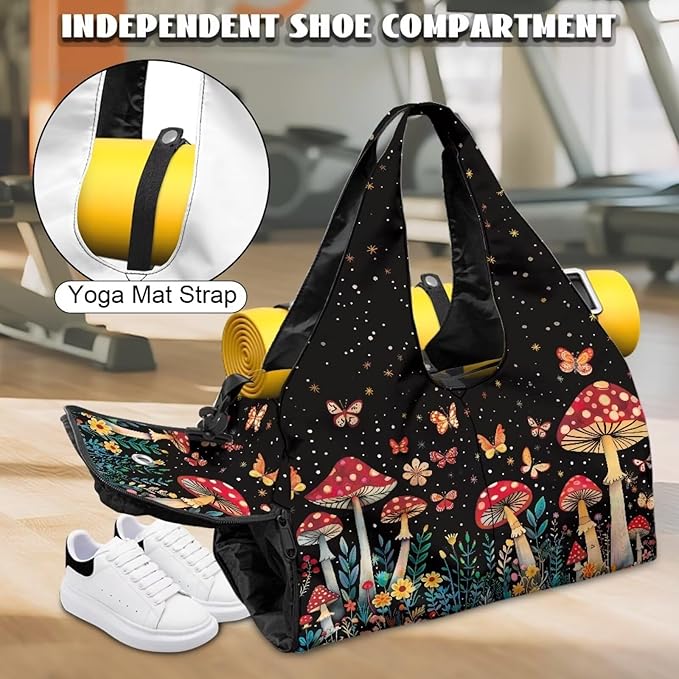Mushroom Butterfly Gym Bag for Women Sports Travel Duffle Bag with Shoe Compartment Lightweight Swim Overnight Weekender Yoga Carry on Bags Gifts for Mom, Wife, Daughter