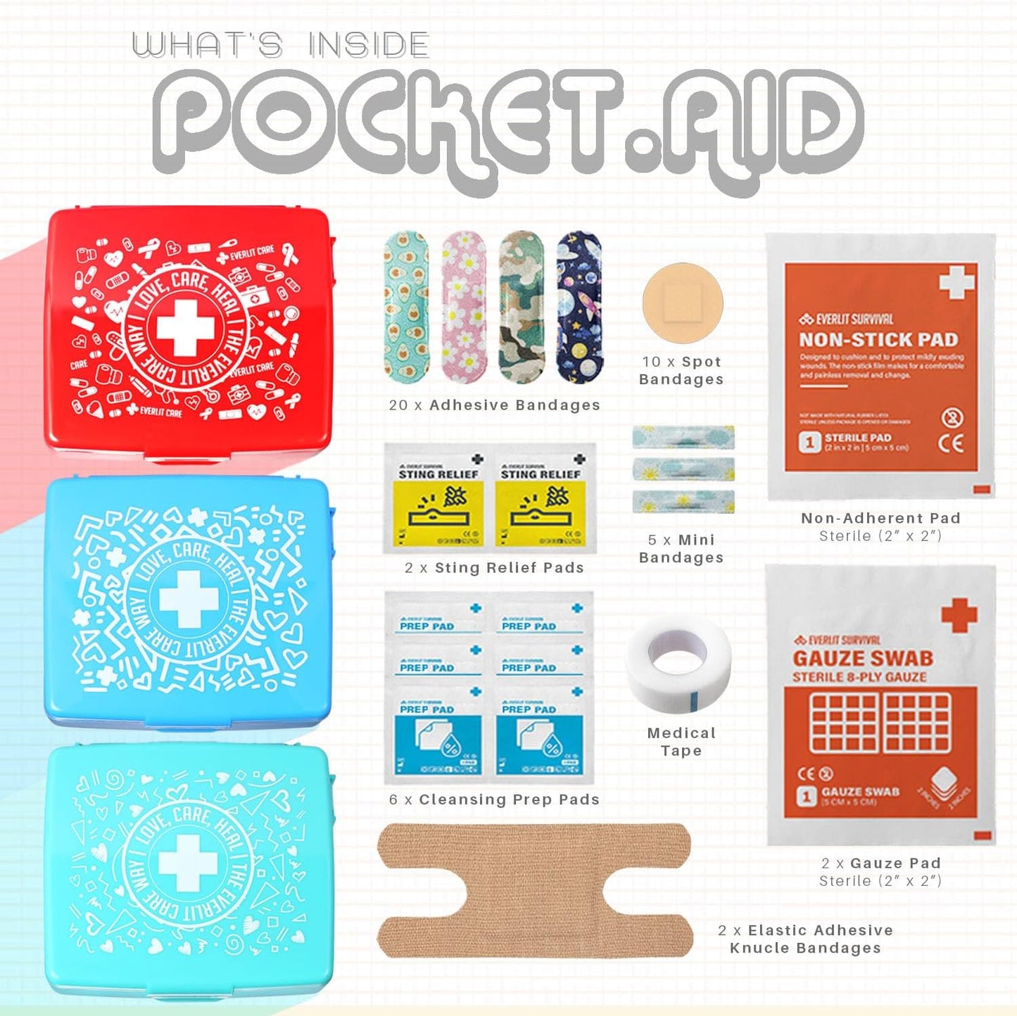EVERLIT Pocket-Aid Mini First Aid Kit | Compact, Portable Hard-Shell Cases of 50 Items | Cuts, Scrapes, Wound Care Essentials for Travel, Outdoor, School, Camping, Home, Office (48 Packs | 2400 Pcs)