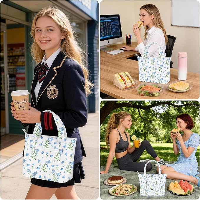 Tote Lunch Bag Women Stylish Quilted Lunch Boxes for Adult Fit and Fresh Cooler Insulated Lunchbox for Work Large 10 Liters Cute Compact Lunchbag Waterproof Blue Floral