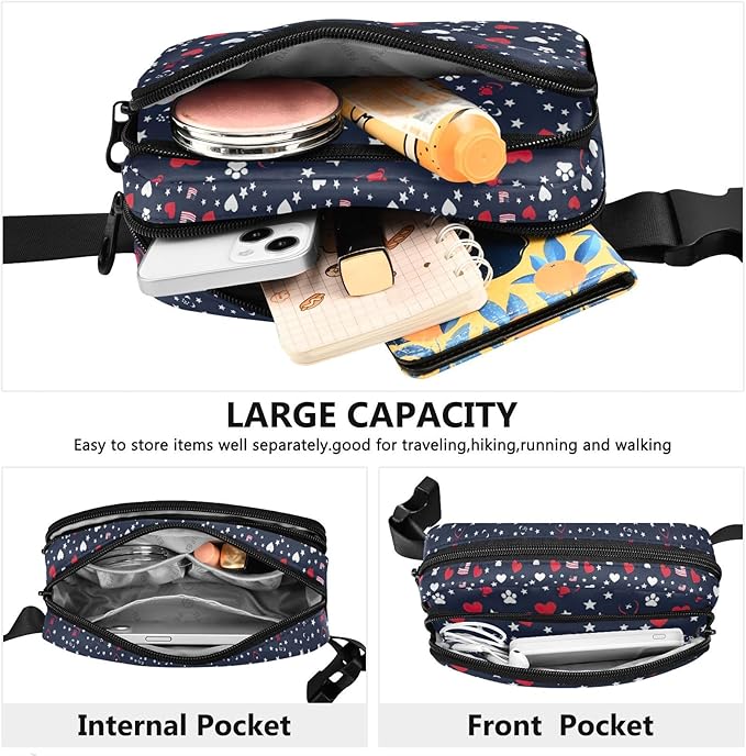 Kawaii American Flag Heart Dog Paw Fanny Pack for Women Men Water Resistant Fashion Waist Packs with Adjustable Strap Belt Bag for Travel Workout Jogging Hiking 21219380