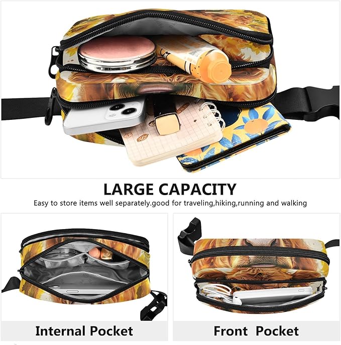 Highland Cow Sunflowers Fanny Pack for Women Men Water Resistant Fashion Waist Packs with Adjustable Strap Belt Bag for Travel Workout Jogging Hiking 21220111