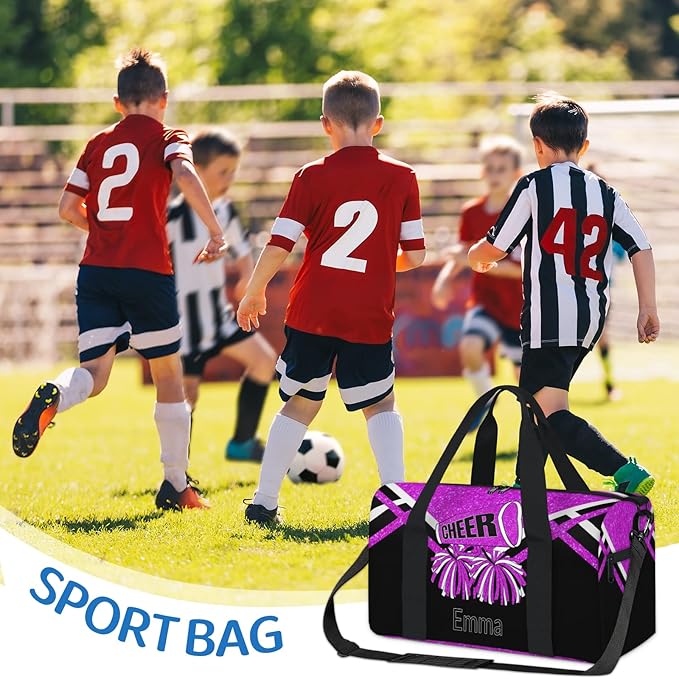 Personalized Dance Gym Bag, Custom Cheer Sport Duffel Large Compartment Cheerleaders Dance Weekender Bags Travel Tote, Bright Purple Glitters Black