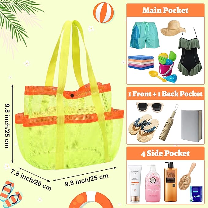 Mesh Beach Bag, Foldable Waterproof Sandproof Beach Storage Tote with 6 Pockets, Swim Tropical Vacation Pool Essential