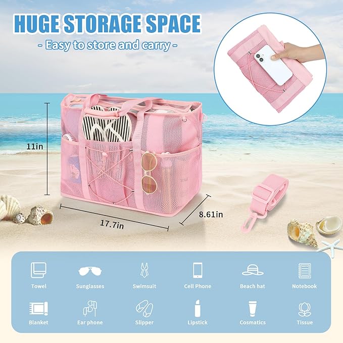 Mesh Beach Bag, Foldable Extra Large Beach Bags with Zipper Pool Bag with Portable Phone Pouch for Vacation Pool
