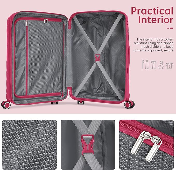 6 Piece Luggage Set Carry on Suitcase with Spinner Wheels, Expandable Hardshell Luggage PP Lightweight Suitcase Set for Women(32/28/24/20in Rose Red)