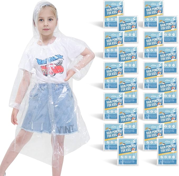 Disposable Rain Ponchos for Kids,Rain Ponchos Family Pack,Clear Kids Ponchos,Individually Wrapped.