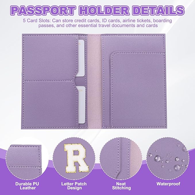 PATIKIL Passport Holder for Travel, Initial Passport Cover and Luggage Tag Set with Alphabet Chenille Letter Patch Travel Wallet Bag Suitcase Identifier for Women Family Travel Purple R
