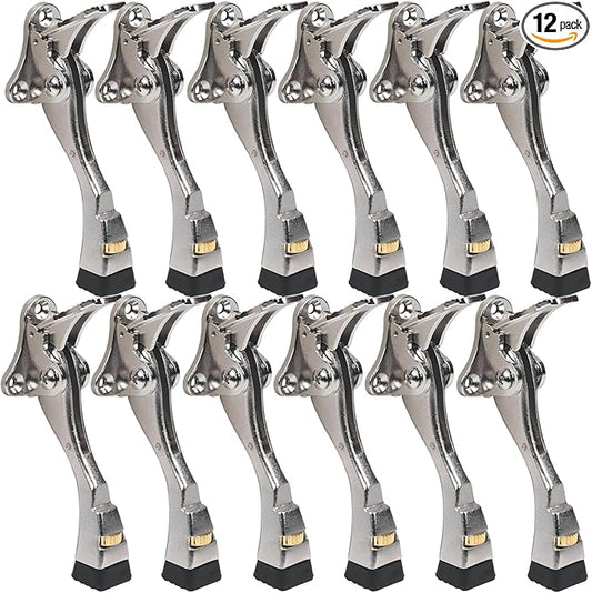 12 Packs Heavy Duty Kickdown Door Stopper, One Touch Adjustable Kickdown Door Stop for Heavy Doors, 4 in Metal Door Kickstand with Rubber Tip & Wall Protectors for Wide Doors