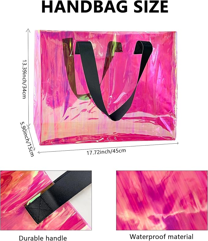 Holographic PVC Beach Bag Waterproof - 18×13×6inch Large Clear Tote for Women Men Pool Travel Sandproof Carry All