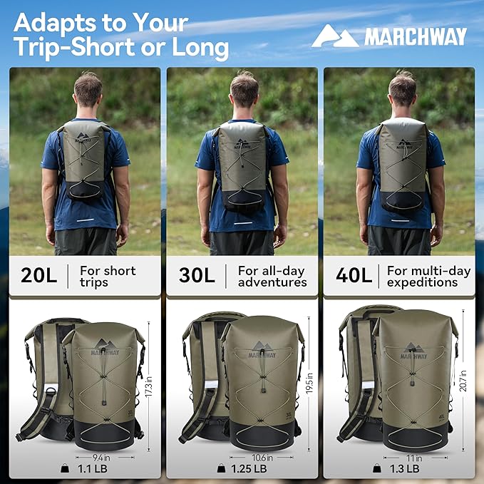 MARCHWAY Floating Roll Top Dry Bag, Flexible Lightweight TPU Waterproof Backpack 20L/30L/40L with Padded Straps for Boating, Kayaking, Swimming, Hiking, Beach (Green, 30L)