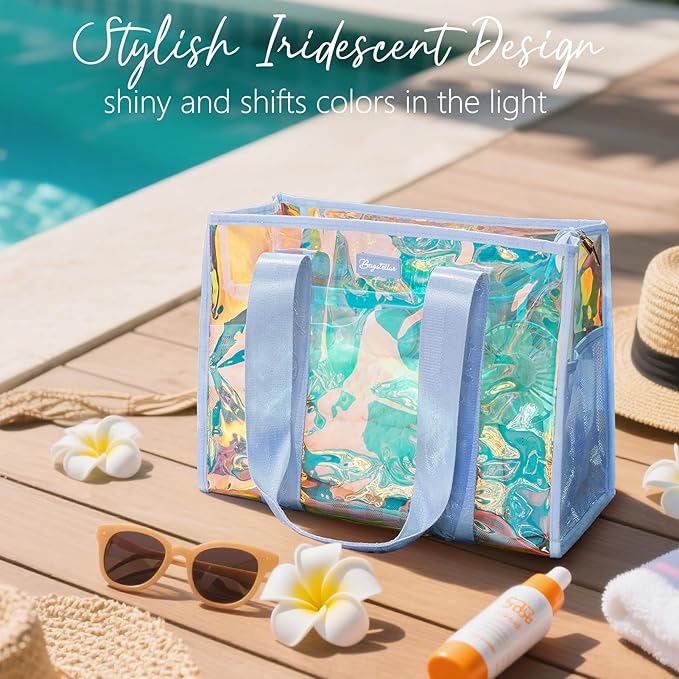 Bagstellar Iridescent Beach Tote Bags for Women, Large Zipper Beach Pool Swim Bag with Makeup Bag & Waterproof Phone Pouch | Waterproof Sandproof, Adjustable Strap, Packable, Foldable, Travel Tote Bags, Vacation Essentials, Gift for Women