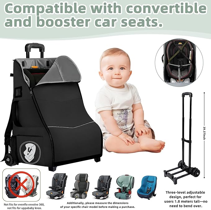 Car Seat Travel Bag with Wheels for Airplane, Waterproof Padded Car Seat Carrier Backpack for Airport, Fits Infant & Convertible Seats， Black