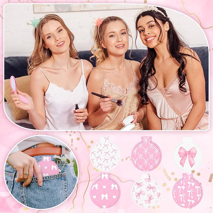 Namalu 36 Pcs Pink Bow Coquette Mini Compact Mirrors Party Aesthetic Gifts Bulk for Women Wedding Bridal Travel Portable Round Pocket Makeup Mirror Gift for Purse Party Favors Breast Cancer