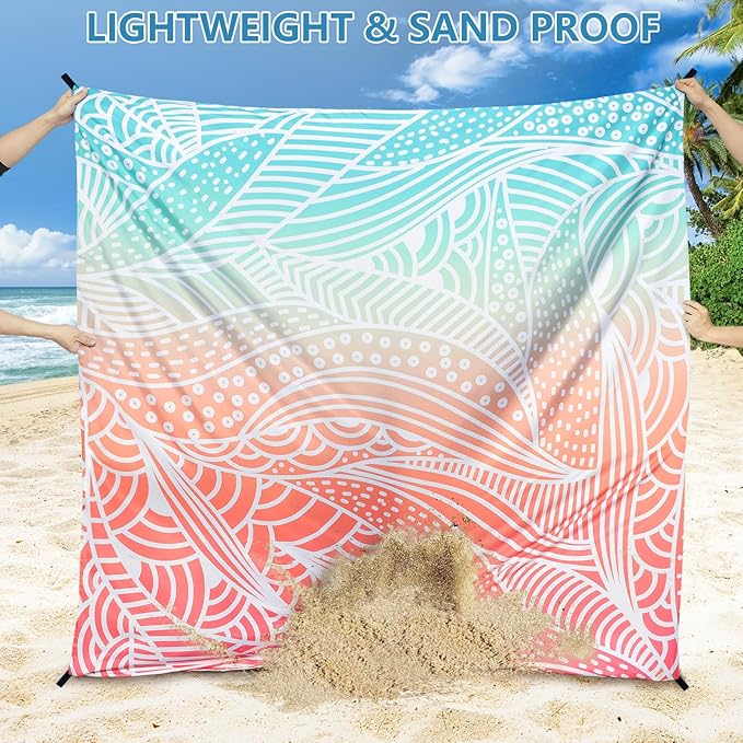 Beach Blanket Waterproof Sandproof Beach Mat for 1-8 Adults Quick Drying Durable Outdoor Picnic Mat for Beach Festival Travel Camping Hiking (Gradiant P&GN-Ripple, 79"×108"(6 Person))