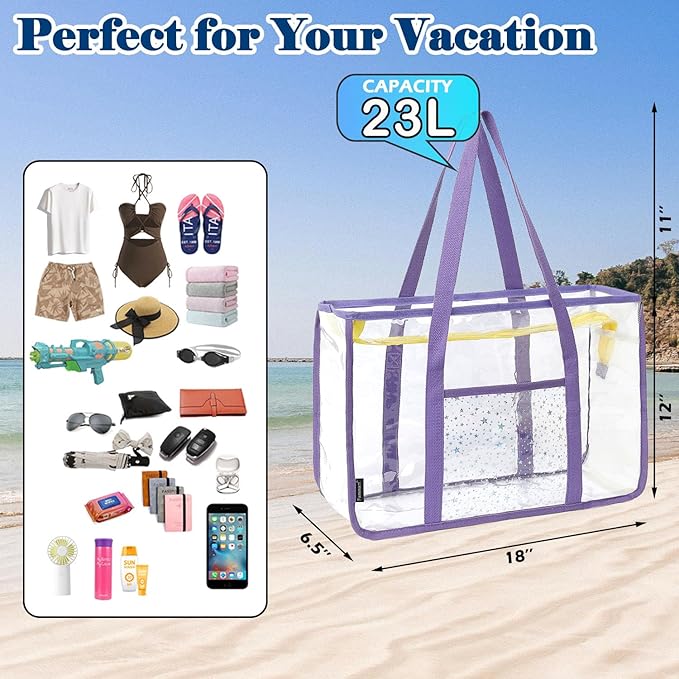 Clear Beach Bag for Women, Large Pool Tote Cruise Vacation Essentials - Zipper Closure, Waterproof, Sandproof