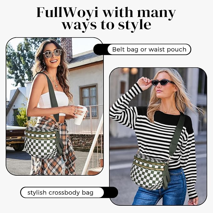 Spacious Nylon Checkered Crossbody Bum Bag for Women, Fashion Checkerboard Fanny Pack Purse with Anti-theft Pocket, Adjustable Wider Strap Wasit Bag (White-Green)