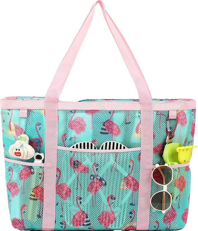 Mesh Beach Bag with Zipper, Large Beach Tote for Women, Toys Pool Swim Bag Travel Vacation Cruise Essentials