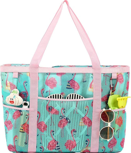 Mesh Beach Bag with Zipper, Large Beach Tote for Women, Toys Pool Swim Bag Travel Vacation Cruise Essentials