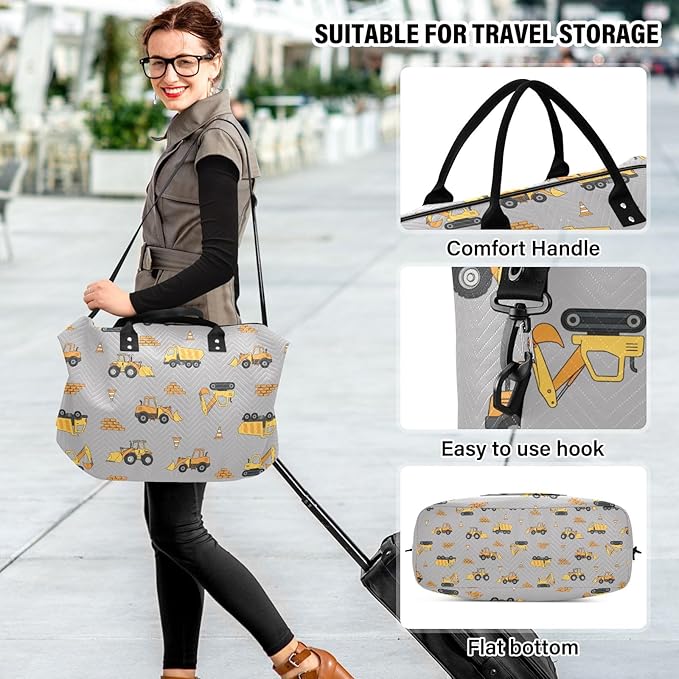 Travel Duffle Bag, Yellow Excavator Truck Gym Bag with Storage Bag Weekender Overnight Bag for Men Women Trip Sports Yoga