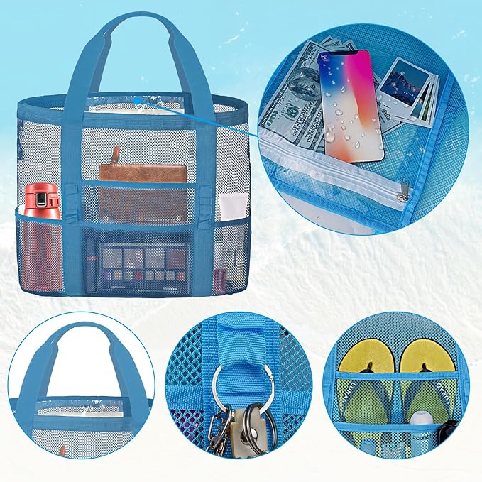 Mesh Beach Bags for Women - Family Beach Tote Bag for Toys, Towels, Travel Vacation Cruise Essentials