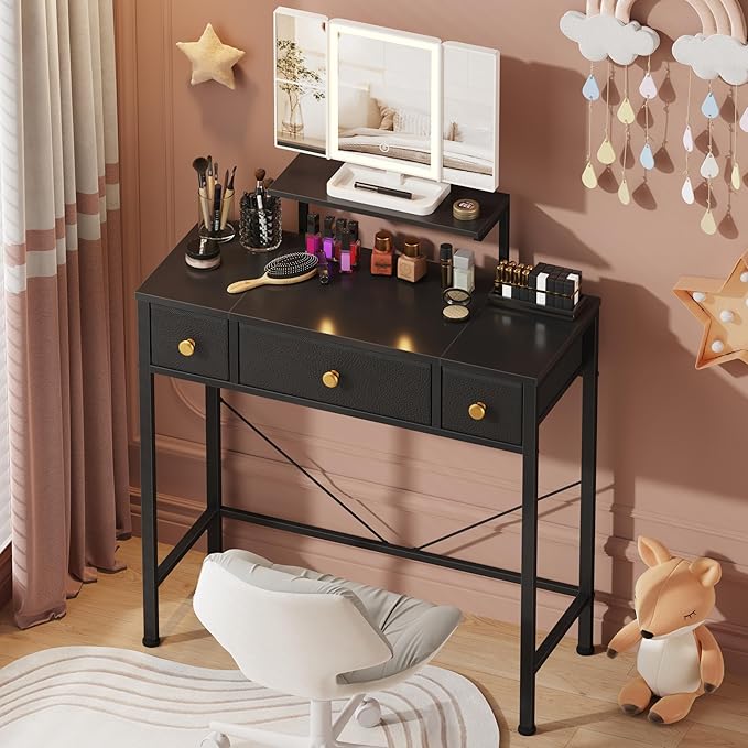 Small Makeup Vanity Desk 27.5''W with Mirror and Lights, Vanity Desk with 3 Fabric Drawers and Height-Adjustable Stand, Vanity Table for Girls Gifts, Bedroom and Small Spaces, Black