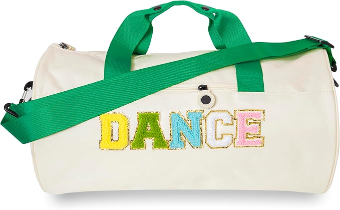 Dance Duffle Bag for Girls,Toddler Teens with Chenille Patches,Cute Ballet, Cheer, Gymnastics Class Bag for Kids, Toddler Girls,Teens,16.5"Lx9"Wx9"H Large Capacity Overnight Travel Bag (Green&Cream)