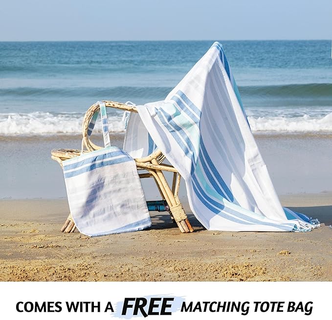 Folkulture Turkish Beach Towel for Adults with Travel Bag 40" x 72" Bath Towels, Beach Blanket or Oversized Sandproof Beach Towels, 100% Cotton Quick Dry, Lightweight and Large, (Ocean Blue)
