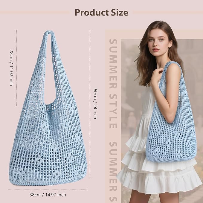 Sightor Crochet Tote Bag, Mesh Beach Bag Knit Summer Hobo Bag Vacation Boho Tote Bag for Women