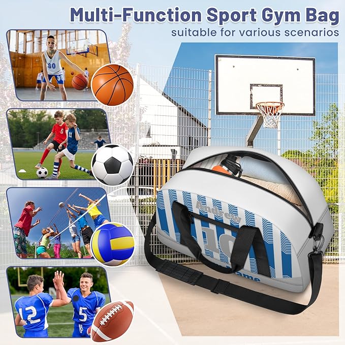 Basketball Soccer Gifts for Boys Girls - Custom Sports Duffle Bag, Personalized Name & Team Bag, Water-Resistant Gym Bag for Basketball, Soccer, Volleyball | Y-Cyan Grey